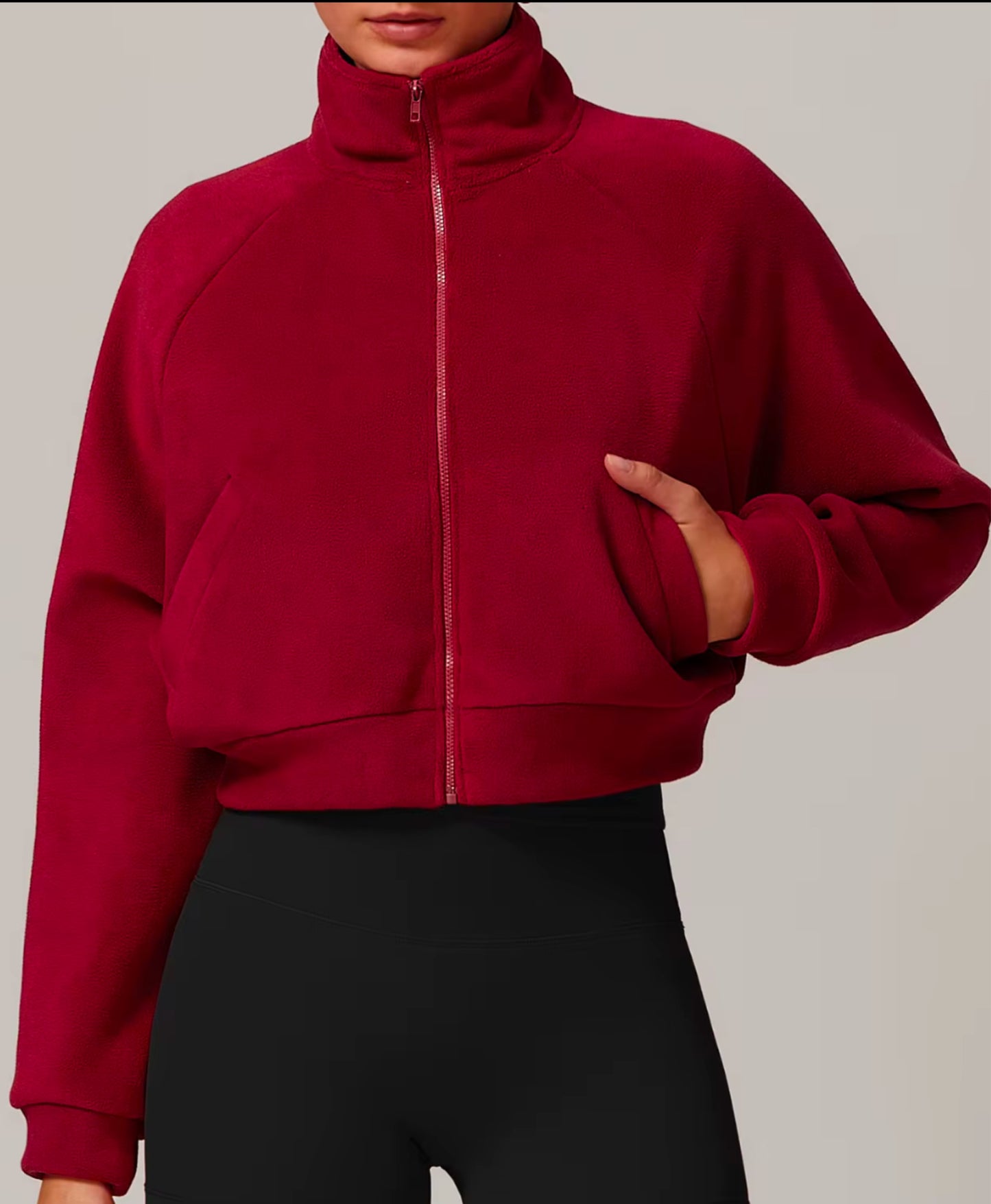 Cherry Red Fleece Cropped Jacket